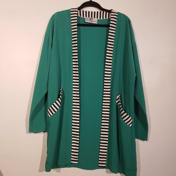 Lux Vintage PODIUM Paris Sheer Deep Green w Black + White Strip Trim Robe - Picture 4 of 12